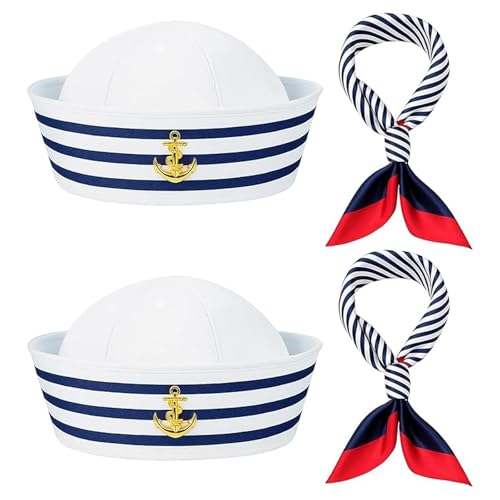 WNXBFO 2PCS Sailor Hat and 2PCS Scarf Set Sailor Costume Blue and White Striped Sailor Captains HatRed Edge Blue Bar Square Scarf Dressing Up Party for Women Men Costume Accessory