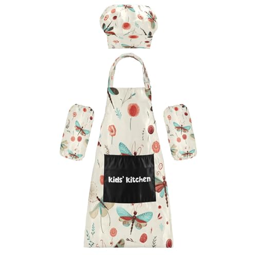 Bulletgxll Dragonfly Pattern Kids Apron and Chef Hat Set Adjustable Bib Aprons with Pockets for Cooking Baking Painting
