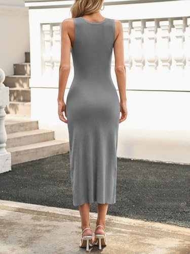 Image of Saodimallsu Womens Sleeveless Summer Dresses Button Formal Office Casual Knit Trendy Bodycon Slit Midi Tank Dress