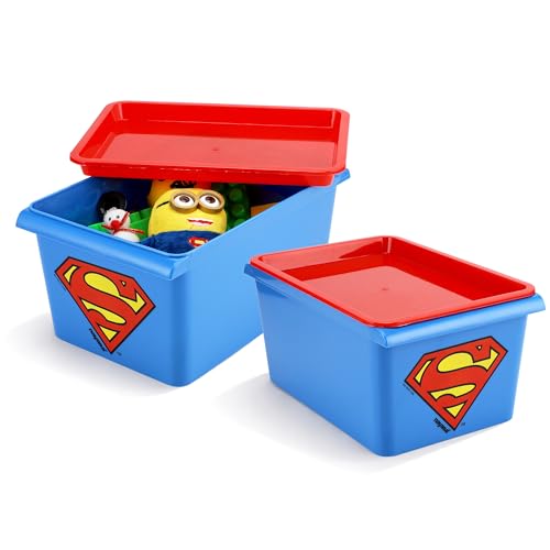 Image of Nayasa Stack N Store Superman, Small, 5 ltrs | DC Superhero Print Plastic Storage Boxes Set of 2 with Lid | Side Handles | Stackable Multipurpose Organizers | Strong & Durable | Blue