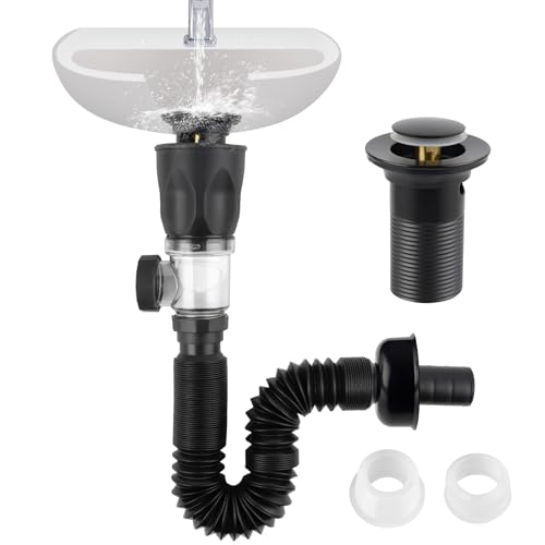 Kit de drenaje para fregadero de baño, tubo de drenaje extensible con tapón de drenaje emergente, tubo de drenaje flexible para agujeros de drenaje de 1-1/4 pulgadas y 1-1/2 pulgadas, colador de