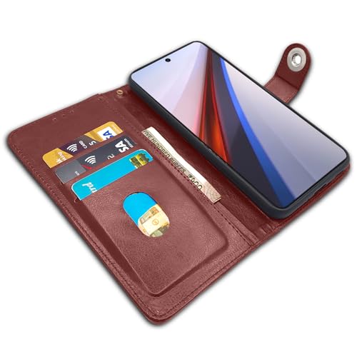 Image of Pikkme iQOO 12 5G Flip Cover Leather Finish | Inside TPU with Card Pockets | Wallet Stand and Shock Proof | Complete Protection Button Flip Case (Brown)