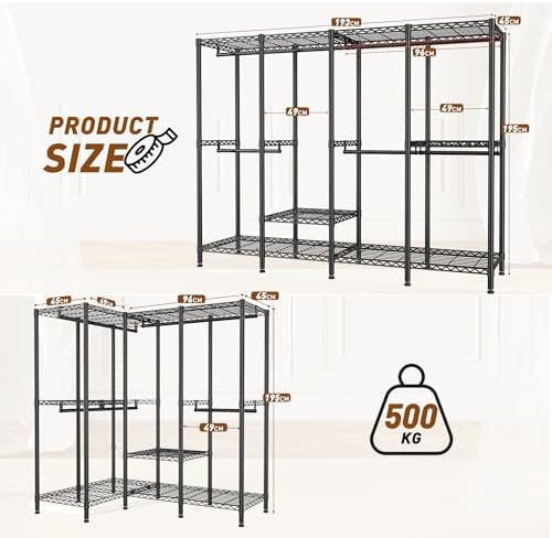 Versatile REIBII clothes rack configured in an L-shape, optimising corner storage space.