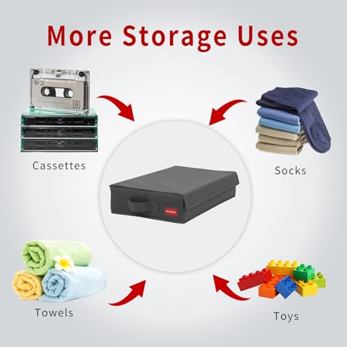 NUSWOR Stackable Cassette Tape Storage Box - Dust-proof Cassette Racks with Lid - Audio Cassette Holder Pack of 3- Holds 144 Cassette Cases - 16.34 x 9.25 x 3.4 Inches &ndash; Grey