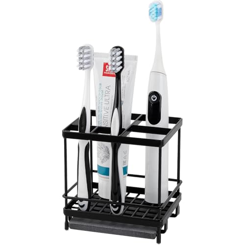 Carbon Steel Toothbrush Holders for Bathrooms 5 Slots Kids Electric Tooth Brush and Toothpaste Organizer for Countertop Shower Vanity Black