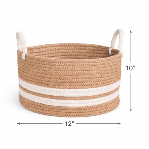 Image of RUGSZONE Jute & Cotton Big Size Basket for Storage, Clothes, Kitchen (1 Piece with Handle, Beige-White, 35x30 cm) - Round Woven Handcrafted Basket for Toys, Wardrobe, Plants (Large 35x30)