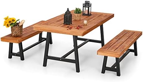 PHI VILLA Outdoor Table Bench Set of 3, 1 Wood Dining Table & 2 Wooden Benches, Premium Acacia Wood Patio Furniture Set for Porch Balcony Deck, Teak Color