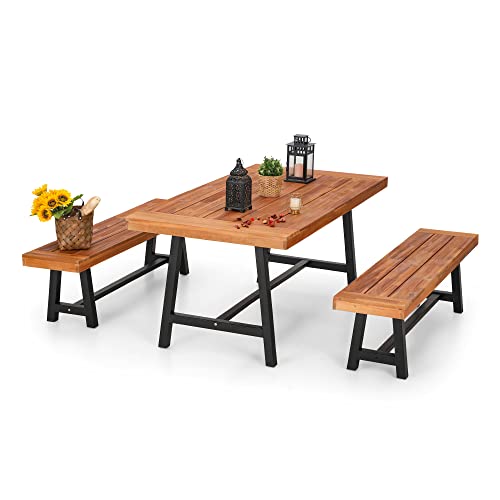 Phi Villa Outdoor Table Bench Set Of 3, 1 Wood Dining Table & 2 Wooden Benches, Premium Acacia Wood Patio Furniture Set For Porch Balcony Deck, Teak Color #TOP3