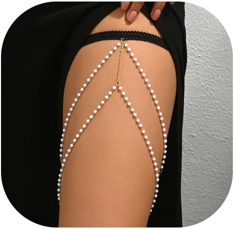Multi-Layer Pearl Thigh Chain with Lace Garter – Adjustable Gold Beaded Leg Chain Jewelry Summer Beach Thigh Body Chain for Women Party Club