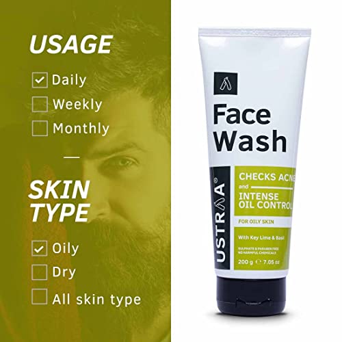 Image of Ustraa Face Wash - Oily Skin - 2 x 100g (Pack of 2) - With Basil & Key Lime - For Acne-Prone Skin | No SLS | Checks Acne & Blackheads | Control Excess Oil, Removes Dirt and Helps Repair Skin