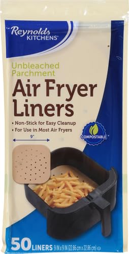 Image of Reynolds Kitchens Air Fryer Liners Disposable, Unbleached Parchment Paper Sheets, 50 Count (Pack of 2)