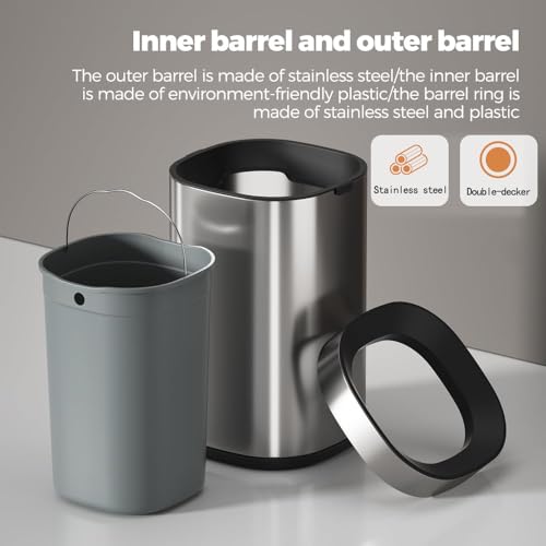 Image of 4 Gallon Fingerprint Proof Stainless Steel Kitchen Trash Can, Garbage Can with Removable Inner Bucket, Silver, Open Top Metal Wastebasket, for Bathroom Office Hotel (Sliver)