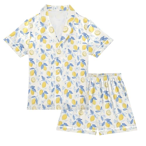 Lemon Cute Simple Pattern Summer Satin Pajama Set, Cute Button-Down Sleepwear Pj Set for Sleep Wears