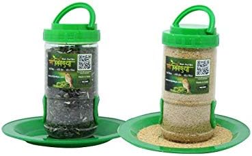 Amijivdaya Plastic Bird Feeder with Holding Handle with 2 Feed Nozzles - Heavy Duty Hanging Bird Food Feeder for Balcony, Outdoor, 500 Grams Capacity, Pack of 2 (Small, Green)