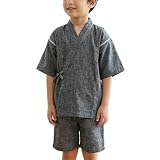 [あい藍] 日本製 子供甚平 洗える 涼しい 夏 祭り 花火 縁日 80/90/95/100/120/130cm (しじら風ストライプ 11353（黒）, 90)