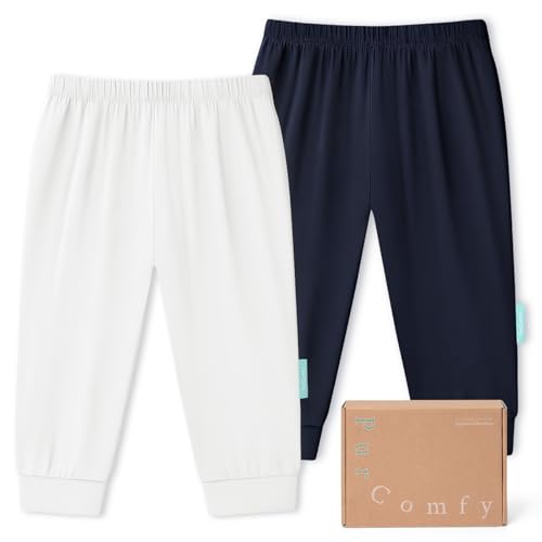 PurComfy Supersoft Baby Pants, 2-Pack Premium Bamboo Viscose Jogger Pants, Elastic Waist, Unisex 0-24 Months Midnight & Cream 3-6 Months