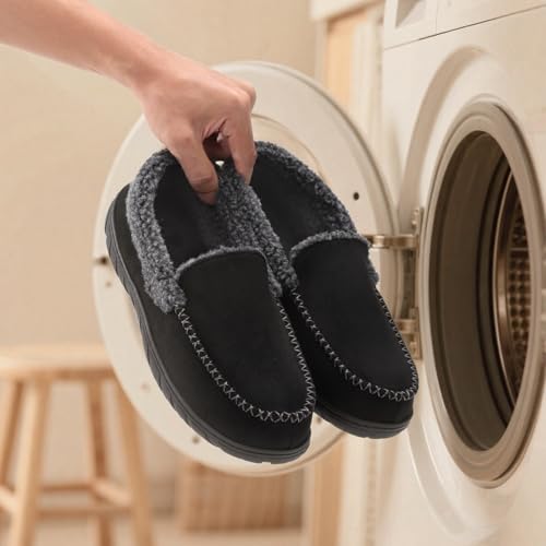 Image of Men's Moccasin House Slippers Memory Foam Suede Plush Indoor Bedroom Shoes | Fuzzy Non-Slip Warm Winter Comfy Cowboy Slippers for Indoor Outdoor Home Dad Husband Grandpa Gifts Black Brown Grey