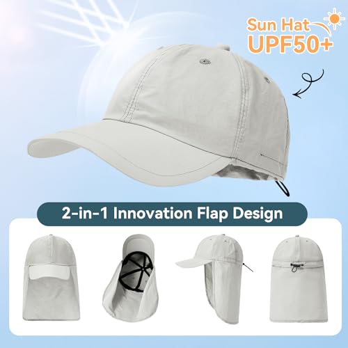 Zando Sun Hats for Men Women with Neck Flap Cover UPF 50+ Waterproof Baseball Cap Light Grey Shade Hat Adjustable Breathable Outdoor Hiking Fishing Gardening Safari One Size
