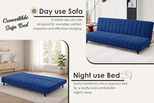 Image of Rosebell- Velvet Fabric Sofa Cum Bed 3-Seater Foldable Convertible Sofa, Modern Tufted Design Couch for Living Room, Guest Room & Office Blue Color