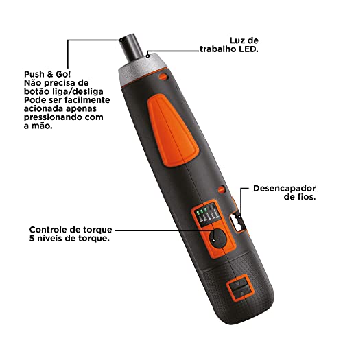 Black Decker Parafusadeira à Bateria, com Carregador USB, 4 Bits e Caixa de Transporte, Modelo BD40K