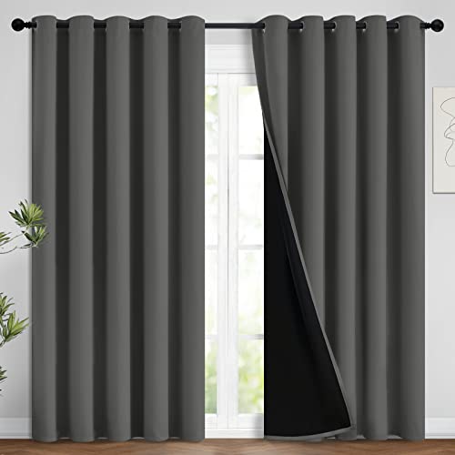 Image of Yakamok Dark Grey 100% Blackout Curtains 96 Inches Long 62 inch Wide 2 Panels | Blackout Curtain Panels for Bedroom, 2 Thick Layers Grommet Top Thermal Insulated Drapes with Black Liner for Living Room
