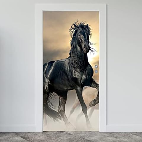 Estika® Türtapete selbstklebend - Schwarzes Pferd - 95x205 cm - Einem Bogen Türposter, Tiere Türaufkleber, Aufkleber PVC Folie Cover