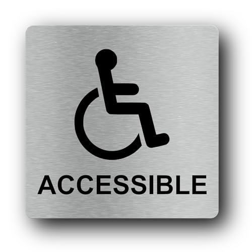 Wheelchair Accessible Sign - Metallic Silver Aluminium Sign with Universal Wheelchair Symbol and 'Accessible' Text - Self-Adhesive Peel and Stick Installation (Medium)