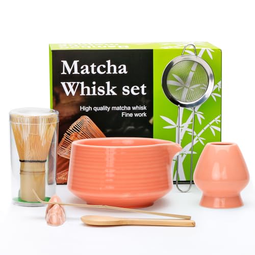Matcha Whisk Set,7pcs Pink Matcha Set includes Matcha Bowl (19 oz),Bamboo Matcha Whisk and Matcha Scoop,Matcha Whisk Holder,Stainless Steel Sifter,Tea Making Tools,Matcha Kit Gift for Matcha Lovers