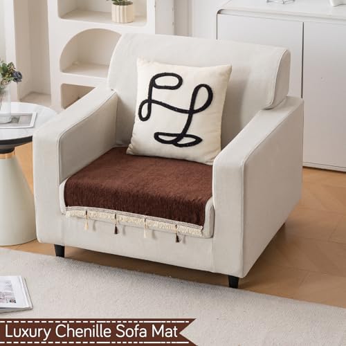 Image of HOKIPO 'Serenity Tassel' Chenille 1 Seater Sofa Cover with Tassel - Chestnut Luke (IN-890-BR)