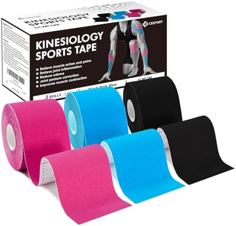 Ceeport Kinesiotapes - 5cm x 5m 3 Rollen Kinesiologie Tape Kinesio Tape und Tape Sport für Knie-, Schulter-, Knöchel-, Plantar-, Gelenk- und Körperstützung | flexibel, wasserdicht