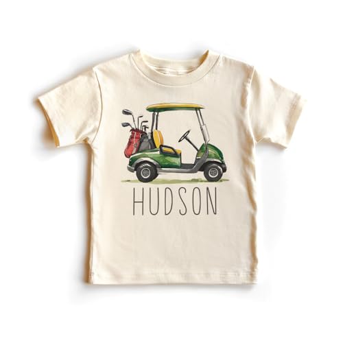 Personalized Green Golf Cart Toddler Shirt - Custom Kids Name Daddy And Me Golfing Outfit - Natural Toddler & Youth Graphic Tee
