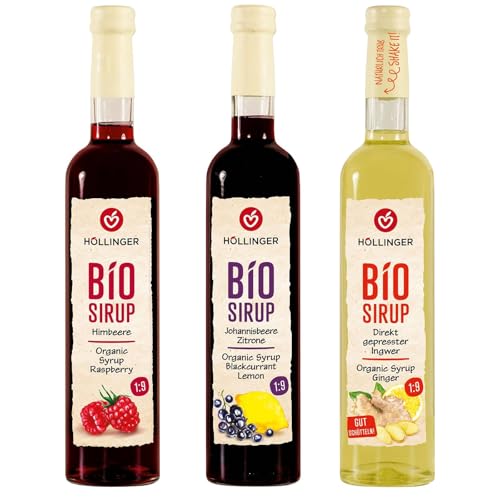 Höllinger Bio Sirup Set, Himbeere, Johannisbeere-Zitrone, Ingwer, Vegane Getränkesirup ohne Konservierungsstoffe, 3 x 500ml Glasflaschen