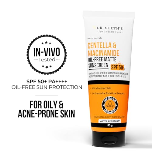 Image of Dr. Sheth's Centella & Niacinamide Oil-Free Matte Sunscreen SPF 50+ PA++++ | In-Vivo Tested | Controls Excess Oil & Sebum | Soothes Acne Prone Skin | Lightweight & Non Greasy | For UVA /UVB, Blue Light & IR Protection | No white cast | For Oily Skin | For Men & Women | 50 g