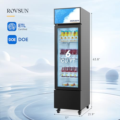 Image of ROVSUN 6 Cu.Ft Commercial Beverage Refrigerator ETL NSF, Slim Merchandiser Display Refrigerator Beverage Cooler Glass Door Fridge with Adjustable Shelves & LED Light for Bar Restaurant Cafe