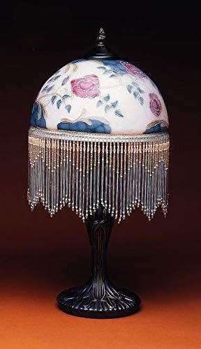 Cosmos Gifts Hand Painted Red Peony Rose Flowers Designs Glass Shade with Hanging Beads Strings Bronze Finish Cast Iron Base Table Lamp, 10" D * 19-1/2"H
