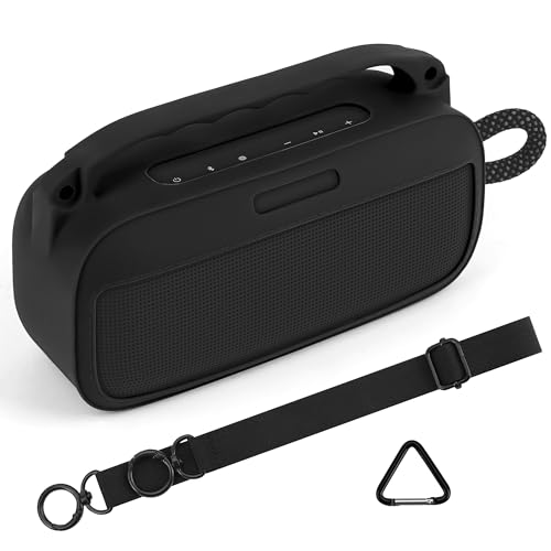 Geekria Silicone Speaker Case Cover Compatible with Bose SoundLink Plus, Protective Soft Skin, Replacement Portable Speakers Travel Carrying Sleeve with Shoulder Strap (Black)