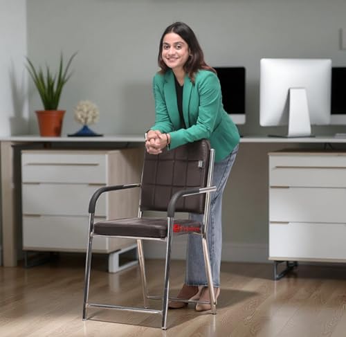 Image of Office Chair Visitor Chair with arm Rest with Steel Frame and Cushioned seat Back, Chair Without Wheels Holds up to 110 kg Heavy Design (3, Coffee, Standard)