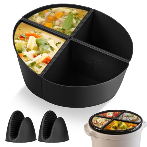 Aolso Fornello Lento In Silicone 4 Pezzi, Divisore per Fornello Lento 6 Qt, Separatore a Cottura Lenta Riutilizzabile, Pentola Inserto Pentola A Cottura Lenta, con 2 pezzi Guanti per Forno(Nero)