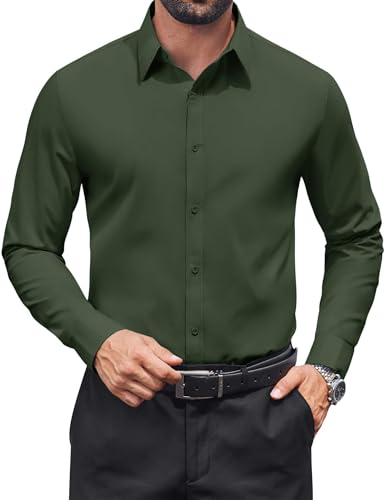 COOFANDY Mens Dress Shirts Long Sleeve Button Down Shirt Regular Fit Formal Business Shirts Army Green