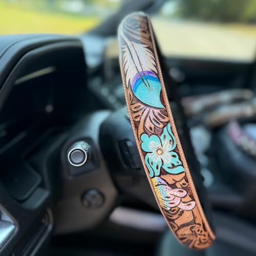 Western Cowboy Steering Wheel Cover, Retro UniversalSteering Wheel Cover, Auto Car Tooled Leather Steering Wheel Covers Diameter of 37–38cm for Women Men Auto Truck Vans (#D)