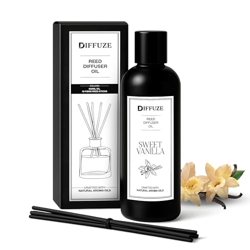 Image of DIFFUZE Sweet Vanilla Essential Oil Reed Diffuser Refill with 10 Fibre Reed Sticks | Warm Aroma Oil & Fragrance Oil | Diffuser Oil for Home Fragrance | Essential Oil Diffuser for Home