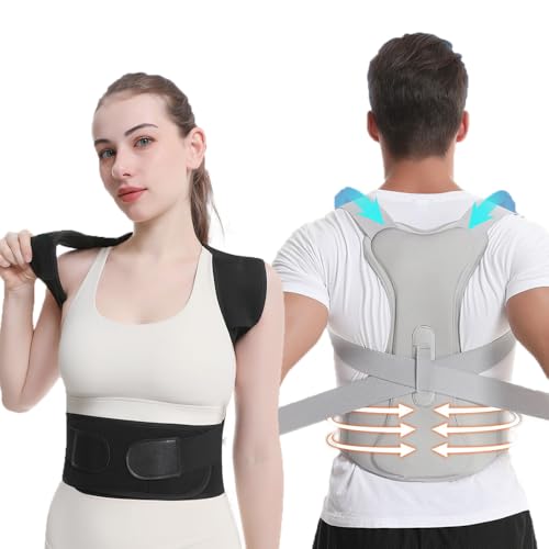 Coogime Corrector de postura, cinturón de apoyo lumbar con hombreras, soporte recto ajustable para corrección de postura, faja lumbar para hombre y mujer (gris)