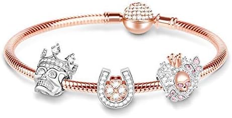 GNOCE Rose Gold Charm Bracelet for Women 925 Sterling Silver Snake Chain Bracelet with Skull Charm Bead Basic Charm Bangle with Clasp