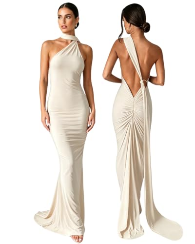 Image of Suillty Women's Sexy Oblique Shoulder Backless Maxi Dress Ruched Back Strap Sleeveless Party Club Long Dresses Bodycon