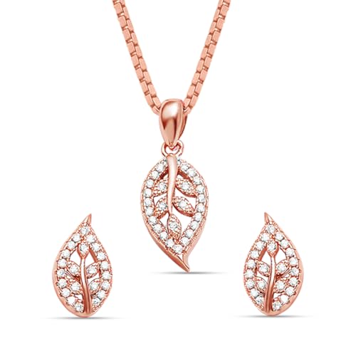 Image of ZAVYA 925 Sterling Silver Cubic Zirconia Rose Gold Plated Women's Leaf Jewelry Set | Gift for Women and Girls | With Certificate of Authenticity and 925 Hallmark