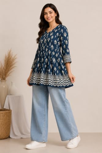 Image of Women's Floral Printed Cotton Kurti Summer Cotton Tunic Top for Girls
