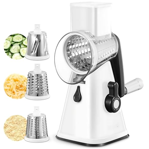 NESTREE. Rotary Cheese Grater & Vegetable Chopper/Slicer- Efficient & Easy Cutting with 3 Interchangeable Drum Blades- Perfect for Cheese, Cucumber, Carrot, Nuts, and More