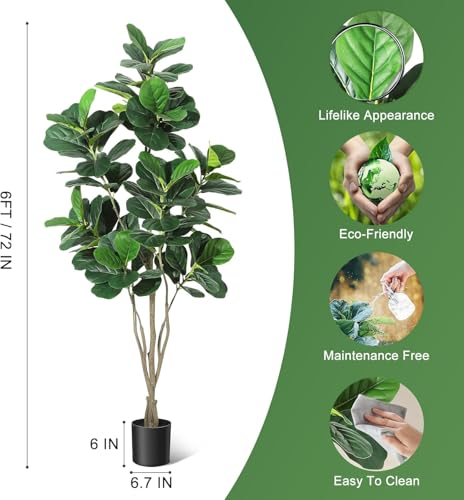 6FT Fiddle Leaf Fig Artificial Tree Faux Floor Plant with Black Planter Pot, Potted Fake Fiddle Leaf Fig Tree for Indoor Outdoor Home Office Decor
