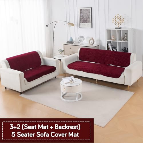 Image of HOKIPO Quilted Sofa Cover 5 Seater - (3+2) for Seat & Back | 'Quilt Classic' Maroon (IN-927 * 2+926 * 2-MRN)