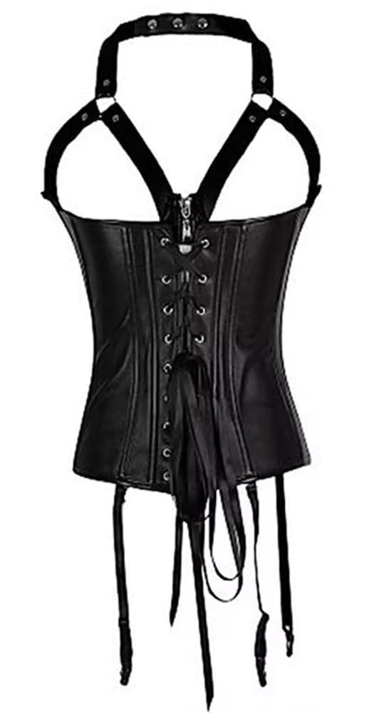 ADELCE Women's Steampunk Faux Leather Bustier Halter Shoulder Straps Underbust Corset Top: X-Large Black-05